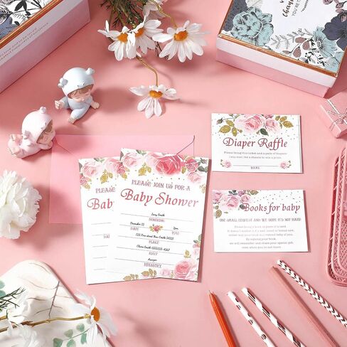 Marspark Set of 25 Floral Baby Shower Invitations, Diaper Raffle Tickets and Book Request Cards with Envelope, Baby Shower Party Supplies for Girl in Saudi Arabia