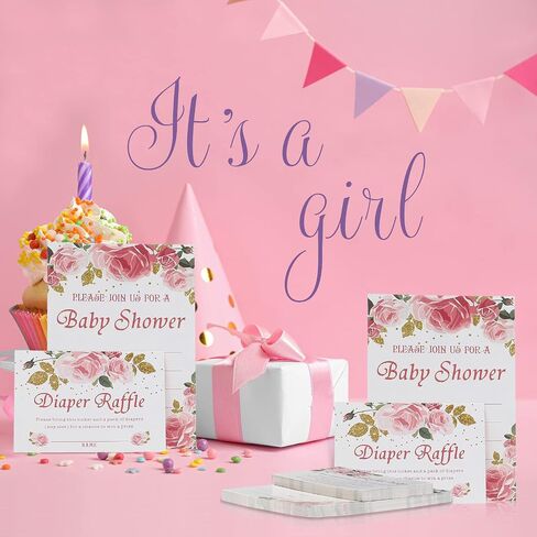 Marspark Set of 25 Floral Baby Shower Invitations, Diaper Raffle Tickets and Book Request Cards with Envelope, Baby Shower Party Supplies for Girl in Saudi Arabia