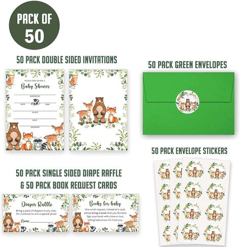Yuzioey 50 Woodland Baby Shower Invitations, Forest Woodland Greenery Invitations Macthing Envelpoes, Diaper Raffle Tickets, Book Request Cards, Forest Creatures Invitations in Kuwait