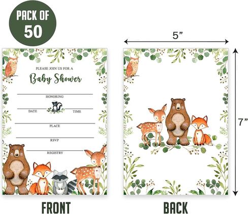 Yuzioey 50 Woodland Baby Shower Invitations, Forest Woodland Greenery Invitations Macthing Envelpoes, Diaper Raffle Tickets, Book Request Cards, Forest Creatures Invitations in Kuwait