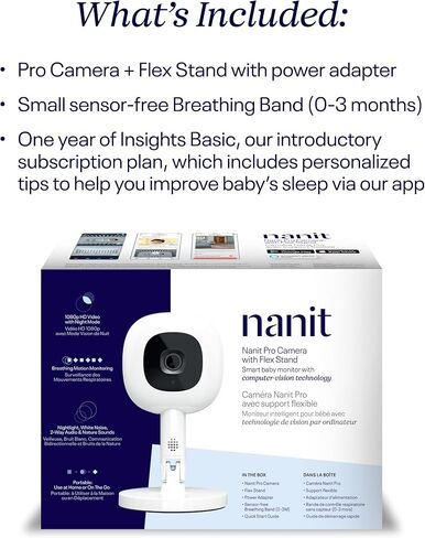 Nanit Pro Smart Baby Monitor & Flex Stand - كاميرا فيديو Wi-Fi آمنة بدقة 1080 بكسل، متتبع حركة النوم والتنفس بدون مستشعر، صوت ثنائي الاتجاه، تنبيهات الصوت والحركة، رؤية ليلية، وشريط التنفس - أبيض in Kuwait