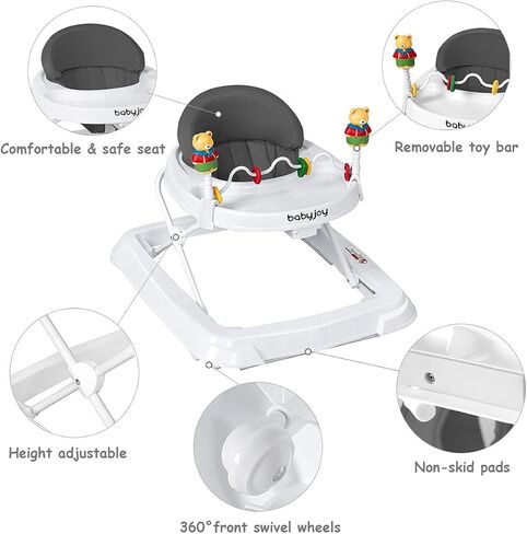 BABY JOY Baby Walker, Foldable Activity Walker with Adjustable Height, Large Tray & Removable Toys, Baby Walker with Wheels for Boys Girls 6-18 Months (Gray) in Saudi Arabia