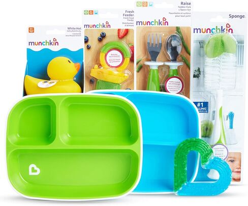 Munchkin® New Beginnings Baby Gift Set, Includes Feeding Utensils, Divided Plates, Bottle Brush, Bath Toy and Teether, Blue in Saudi Arabia