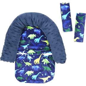 Baby Carseat Headrest and Strap Covers, Dinosaur Minky Infant Strollers Head Support & Seat Belt Cover, Toddler Strollers Headrest and Neck Cover, Car Accessories for Newborn Boys Girls