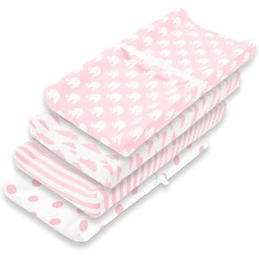 Premium Baby 4 Pack Girl Pure Jersey Machine Washable Pink and White Changing Table Cover – Diaper Changing Pad Cover Sheets in Kuwait