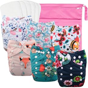 Babygoal Baby Cloth Diaper 6 Pack with 6pcs Inserts and Wet Bag for Fitted Diapers and Prefolds, Adjustable and Reusable Covers for Toddler Boys and Girls
