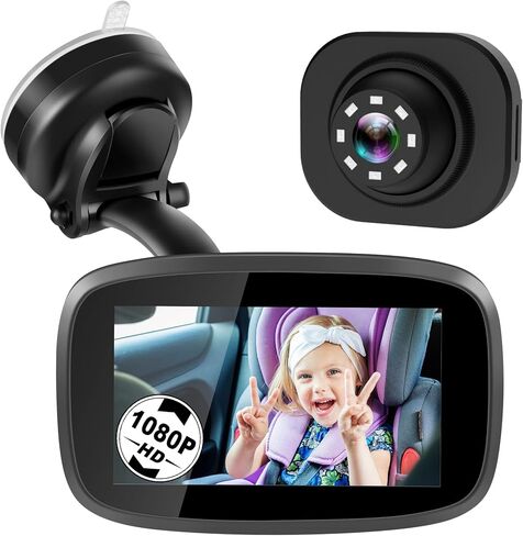 1080P Baby Car Mirror, Shybaby 4.3'' Baby Car Camera Monitor 170° Wide View, HD Night Vision Function and Reusable Sucker Bracket, Safety Rear Facing Car Set Camera Infants Kids Toddlers Black in Saudi Arabia