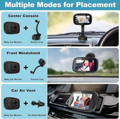 1080P Baby Car Mirror, Shybaby 4.3'' Baby Car Camera Monitor 170° Wide View, HD Night Vision Function and Reusable Sucker Bracket, Safety Rear Facing Car Set Camera Infants Kids Toddlers Black in Saudi Arabia