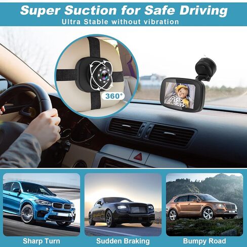 1080P Baby Car Mirror, Shybaby 4.3'' Baby Car Camera Monitor 170° Wide View, HD Night Vision Function and Reusable Sucker Bracket, Safety Rear Facing Car Set Camera Infants Kids Toddlers Black in Saudi Arabia