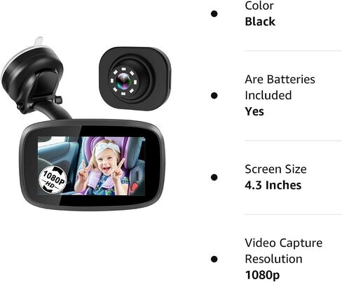 1080P Baby Car Mirror, Shybaby 4.3'' Baby Car Camera Monitor 170° Wide View, HD Night Vision Function and Reusable Sucker Bracket, Safety Rear Facing Car Set Camera Infants Kids Toddlers Black in Saudi Arabia