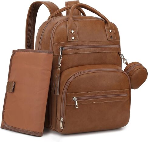 ROSEGIN Premium Vegan Leather Diaper Bag Backpack with Waterproof Changing Pad, Reinforced Zippers & Odor-Free, 20 Pockets Pro Organizer, Fits 15.6" Laptop, Stroller Straps, Baby Bag for Mom, Brown in Saudi Arabia