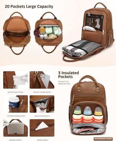 ROSEGIN Premium Vegan Leather Diaper Bag Backpack with Waterproof Changing Pad, Reinforced Zippers & Odor-Free, 20 Pockets Pro Organizer, Fits 15.6" Laptop, Stroller Straps, Baby Bag for Mom, Brown in Saudi Arabia