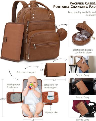 ROSEGIN Premium Vegan Leather Diaper Bag Backpack with Waterproof Changing Pad, Reinforced Zippers & Odor-Free, 20 Pockets Pro Organizer, Fits 15.6" Laptop, Stroller Straps, Baby Bag for Mom, Brown in Saudi Arabia