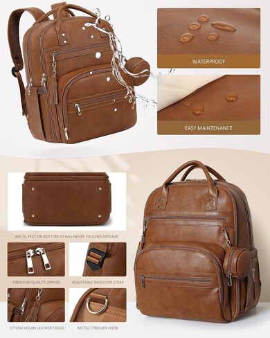 ROSEGIN Premium Vegan Leather Diaper Bag Backpack with Waterproof Changing Pad, Reinforced Zippers & Odor-Free, 20 Pockets Pro Organizer, Fits 15.6" Laptop, Stroller Straps, Baby Bag for Mom, Brown in Saudi Arabia