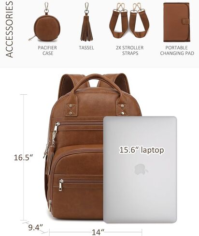 ROSEGIN Premium Vegan Leather Diaper Bag Backpack with Waterproof Changing Pad, Reinforced Zippers & Odor-Free, 20 Pockets Pro Organizer, Fits 15.6" Laptop, Stroller Straps, Baby Bag for Mom, Brown in Saudi Arabia