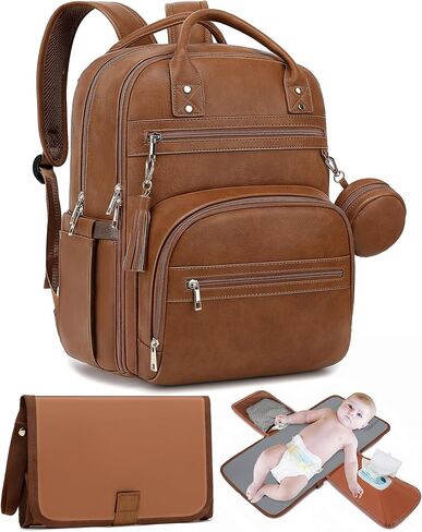 ROSEGIN Premium Vegan Leather Diaper Bag Backpack with Waterproof Changing Pad, Reinforced Zippers & Odor-Free, 20 Pockets Pro Organizer, Fits 15.6" Laptop, Stroller Straps, Baby Bag for Mom, Brown in Saudi Arabia