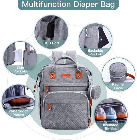 ISMGN Diaper Bag Backpack with Changing Station, Baby Bag for Mom, Grey | Baby Diaper Bag, Large Diaper Bag Backpack, Baby Bags for Boys Girls, Mens Diaper Bag, Diaper Backpack for Women in Kuwait