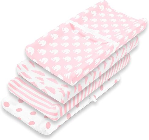 Premium Baby 4 Pack Girl Pure Jersey Machine Washable Pink and White Changing Table Cover – Diaper Changing Pad Cover Sheets in Kuwait