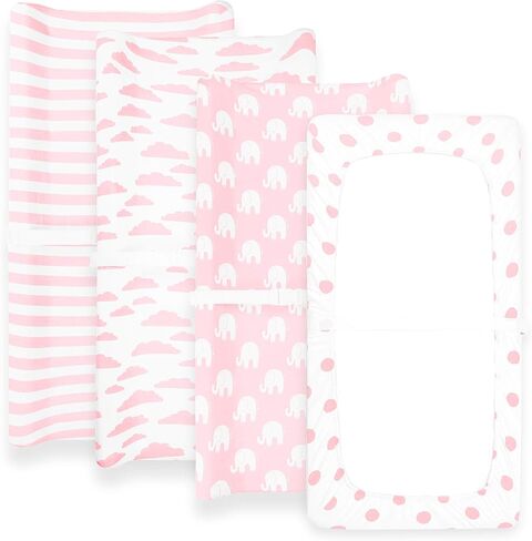 Premium Baby 4 Pack Girl Pure Jersey Machine Washable Pink and White Changing Table Cover – Diaper Changing Pad Cover Sheets in Kuwait