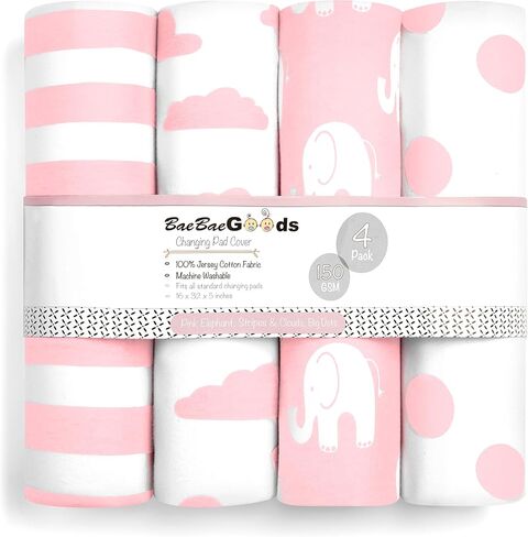 Premium Baby 4 Pack Girl Pure Jersey Machine Washable Pink and White Changing Table Cover – Diaper Changing Pad Cover Sheets in Kuwait