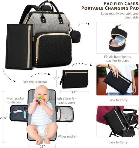 ROSEGIN Diaper Bag Backpack with Changing Pad Pacifier Case, Baby Bag for Boy Girl Toddler - Large,Stylish, Waterproof Travel Quilted Diaper Bag for Mom - Baby Shower Gifts, Black in Saudi Arabia