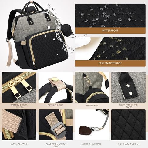 ROSEGIN Diaper Bag Backpack with Changing Pad Pacifier Case, Baby Bag for Boy Girl Toddler - Large,Stylish, Waterproof Travel Quilted Diaper Bag for Mom - Baby Shower Gifts, Black in Saudi Arabia