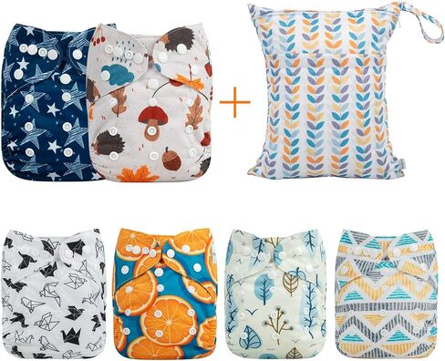 babygoal Cloth Diaper Covers 6 Pack with Wet Bag for Fitted Diapers and Prefolds with Double Gussets, Adjustable and Reusable for Baby Boys and Girls in Saudi Arabia