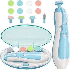 كوفاني ماكينة تشذيب اظافر كهربائية للاطفال - مجموعة مقصات اظافر امنة للاطفال مع ضوء، 10 رؤوس بديلة و8 ورق صنفرة للعناية بأصابع القدم والرضع حديثي الولادة وتلميعها وتقليمها (ازرق) in Kuwait