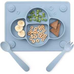 ROCCED Suction Plates for Baby placemat Spoon Fork Set for Toddlers, Silicone Baby Plates with Suction Baby Dishes for Kids Plates-Dusty blue