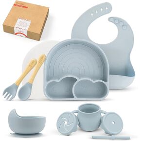 Baby Led Weaning Supplies, Silicone Baby Feeding Set, First Stage Baby Eating Set, Suction Bowl Divided Plate Bib Spoon Fork Straw Sippy Cup, Toddler Self Feeding Utensils, Dish Set 6-12 Months