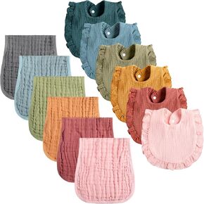 Newcotte 12 Pcs Baby Muslin Bibs and Burp Cloths Set Cotton Ruffle Absorbent Drooling Bibs with Snap Buttons Morandi Baby Burp Cloths for Boy Girl Drooling Teething Infant Newborn in Saudi Arabia