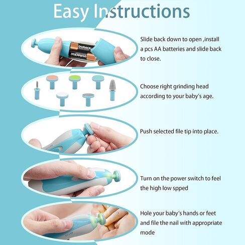 كوفاني ماكينة تشذيب اظافر كهربائية للاطفال - مجموعة مقصات اظافر امنة للاطفال مع ضوء، 10 رؤوس بديلة و8 ورق صنفرة للعناية بأصابع القدم والرضع حديثي الولادة وتلميعها وتقليمها (ازرق) in Kuwait