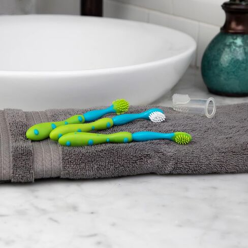 Dr. Talbot's Oral Care Set with Stand; 4-Stage System with 1 Silicone Finger Massager, 2 Massaging Brushes, 1 Soft Nylon Bristle Toddler Toothbrush; 0+ Months, Blue & Aqua in Saudi Arabia