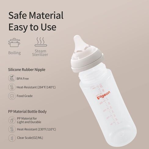 Pigeon PP Nursing Bottle Wide Neck, Streamlined Body, Natural Feel, Easy to Clean, 11.2 Oz (Pack of 3), includes 3pcs L Nipples (6m+) in Saudi Arabia
