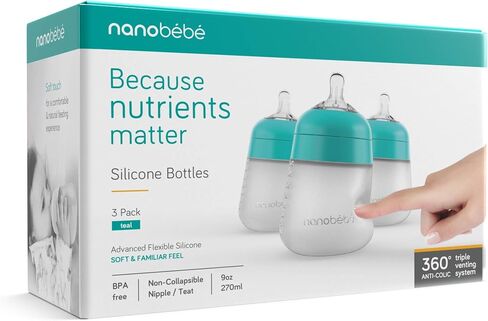 Nanobebe Flexy Silicone Baby Bottle, Anti-Colic, Natural Feel, Non-Collapsing Nipple, Non-Tip Stable Base, Easy to Clean 2-Pack, Sage, 5 oz in Saudi Arabia