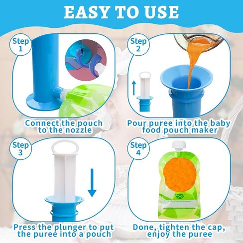 Newmemo Baby Food Pouch Maker 7PCS Double Zipper Reusable Food Pouches Filler Set Refillable Fruit Puree Pouch Filling Station Portable Juice Puree Squeezer Storage Bags for Toddlers Baby in Kuwait