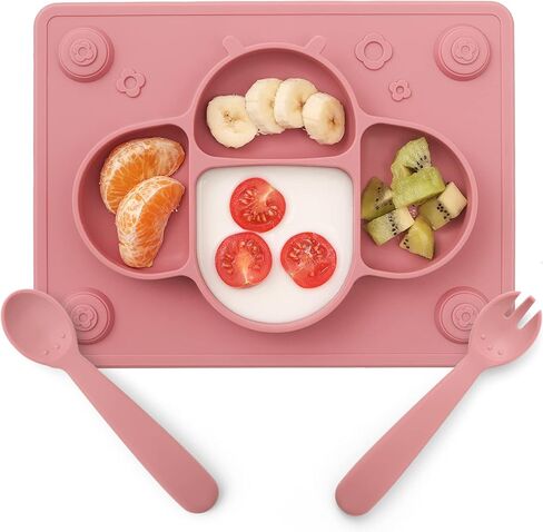 Suction Plates for Baby placemat Spoon Fork Set for Toddlers, Silicone Baby Plates with Suction Baby Dishes for Kids Plates-Dusty blue in Saudi Arabia
