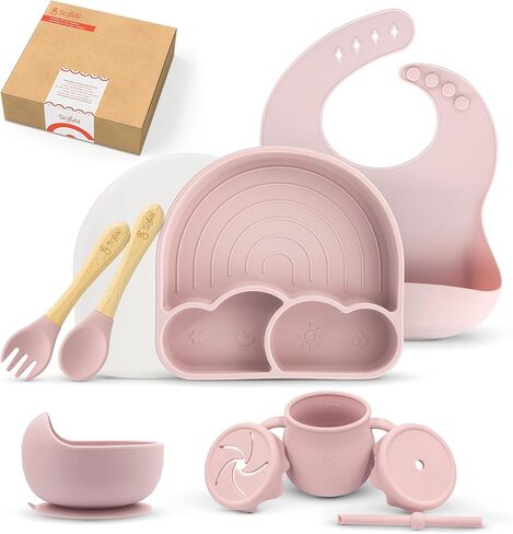 BPA-Free Non-Toxic Silicone Baby Feeding Set – Suction Plate, Bowl, Bib & Cup – 11-Piece Baby Led Weaning Set for Ages 6-18 Months – Eco Gift Bag (Rose Pink) in Saudi Arabia