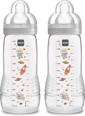 زجاجة MAM Easy Active سعة 11 أونصة (عدد 2)، زجاجات التدفق السريع، 4+ أشهر، للجنسين، رمادي in Kuwait