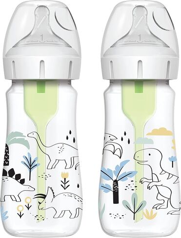 Dr. Brown's Natural Flow® Anti-Colic Options+™ Wide-Neck Baby Bottle Designer Edition Bottles, Dino Decos, 9oz/270mL, Level 1 Nipple, 2-Pack, 0m+ in Kuwait