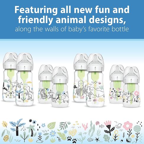 Dr. Brown's Natural Flow® Anti-Colic Options+™ Wide-Neck Baby Bottle Designer Edition Bottles, Dino Decos, 9oz/270mL, Level 1 Nipple, 2-Pack, 0m+ in Kuwait