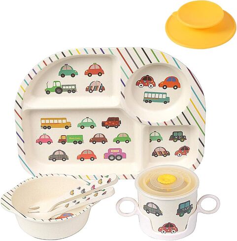 Bamboo Toddler Baby Plates and Bowls Set, 7Pcs Kids Plate Dinnerware Set | Toddler Dinnerware Plate Set,Kids Baby Dishes Feeding Set Include Divided Plate, Bowl,Tumbler, Suction and Utensils,Non-toxic in Saudi Arabia