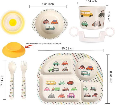 Bamboo Toddler Baby Plates and Bowls Set, 7Pcs Kids Plate Dinnerware Set | Toddler Dinnerware Plate Set,Kids Baby Dishes Feeding Set Include Divided Plate, Bowl,Tumbler, Suction and Utensils,Non-toxic in Saudi Arabia