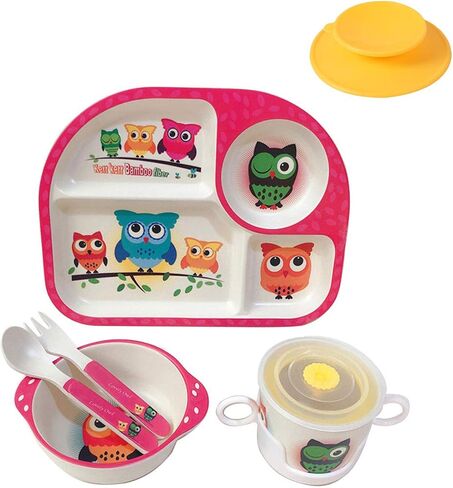 Bamboo Toddler Baby Plates and Bowls Set, 7Pcs Kids Plate Dinnerware Set | Toddler Dinnerware Plate Set,Kids Baby Dishes Feeding Set Include Divided Plate, Bowl,Tumbler, Suction and Utensils,Non-toxic in Saudi Arabia