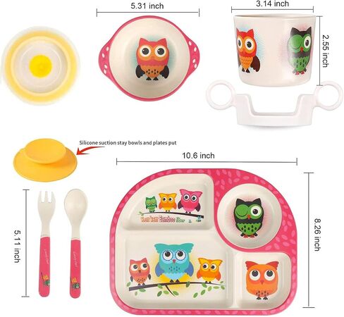 Bamboo Toddler Baby Plates and Bowls Set, 7Pcs Kids Plate Dinnerware Set | Toddler Dinnerware Plate Set,Kids Baby Dishes Feeding Set Include Divided Plate, Bowl,Tumbler, Suction and Utensils,Non-toxic in Saudi Arabia