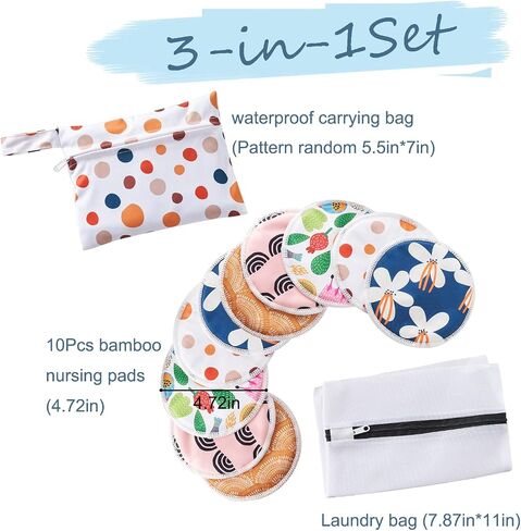 Organic Bamboo Nursing Pads for Breastfeeding - 10 Washable Pads + Wet Bag +Wash Bag, Super Absorbent Breast Pads Nipple Pads for Breastfeeding Reusable Breast Pads for Breastfeeding(Large 4.7") in Saudi Arabia