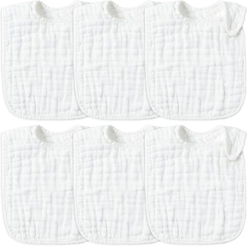 Zainpe 6Pcs Snap Muslin Cotton Baby Bibs White Adjustable Drool Bib with 6 Absorbent Soft Layers, Machine Washable Unisex Burp Cloths for 3 to 36 Months Boys Girls Infant Newborn Toddler in Saudi Arabia