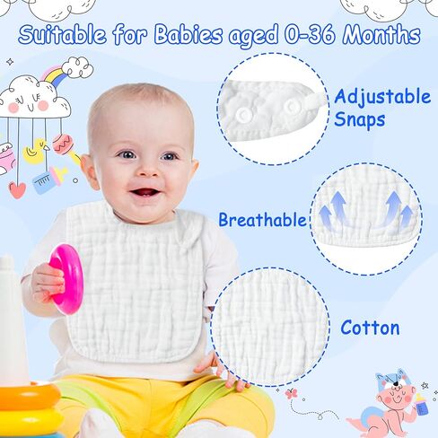 Zainpe 6Pcs Snap Muslin Cotton Baby Bibs White Adjustable Drool Bib with 6 Absorbent Soft Layers, Machine Washable Unisex Burp Cloths for 3 to 36 Months Boys Girls Infant Newborn Toddler in Saudi Arabia