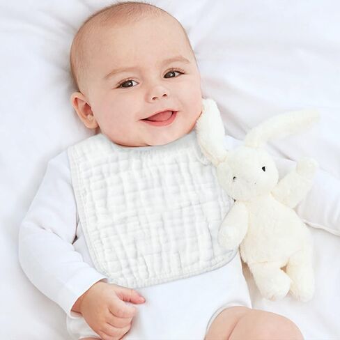 Zainpe 6Pcs Snap Muslin Cotton Baby Bibs White Adjustable Drool Bib with 6 Absorbent Soft Layers, Machine Washable Unisex Burp Cloths for 3 to 36 Months Boys Girls Infant Newborn Toddler in Saudi Arabia