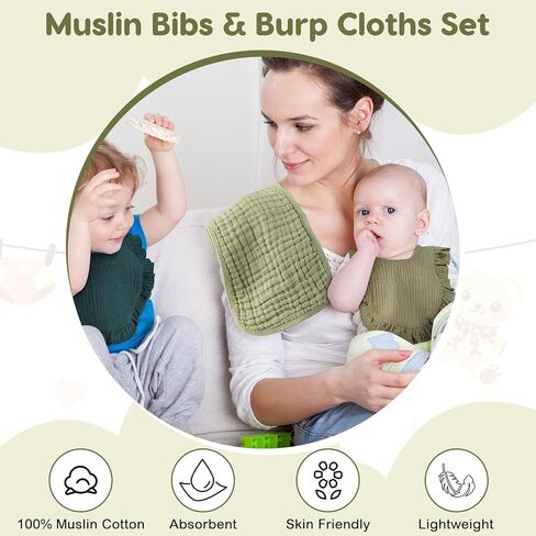 Newcotte 12 Pcs Baby Muslin Bibs and Burp Cloths Set, Cotton Absorbent Baby Bibs for Girls Boys Unisex Burping Cloths for Babies Drooling Bibs Newborn Teething Bibs Soft Adjustable Baby Drool Bibs in Saudi Arabia